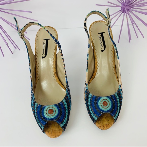 🎉 HP🎉 J Renee / Peacock Peep Toe Cork Heel - Picture 4 of 8